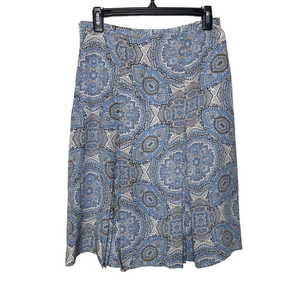 Ann Taylor Loft 100% Silk Blue & Tan Print Knee-Length Skirt Size 4 - Picture 4 of 7